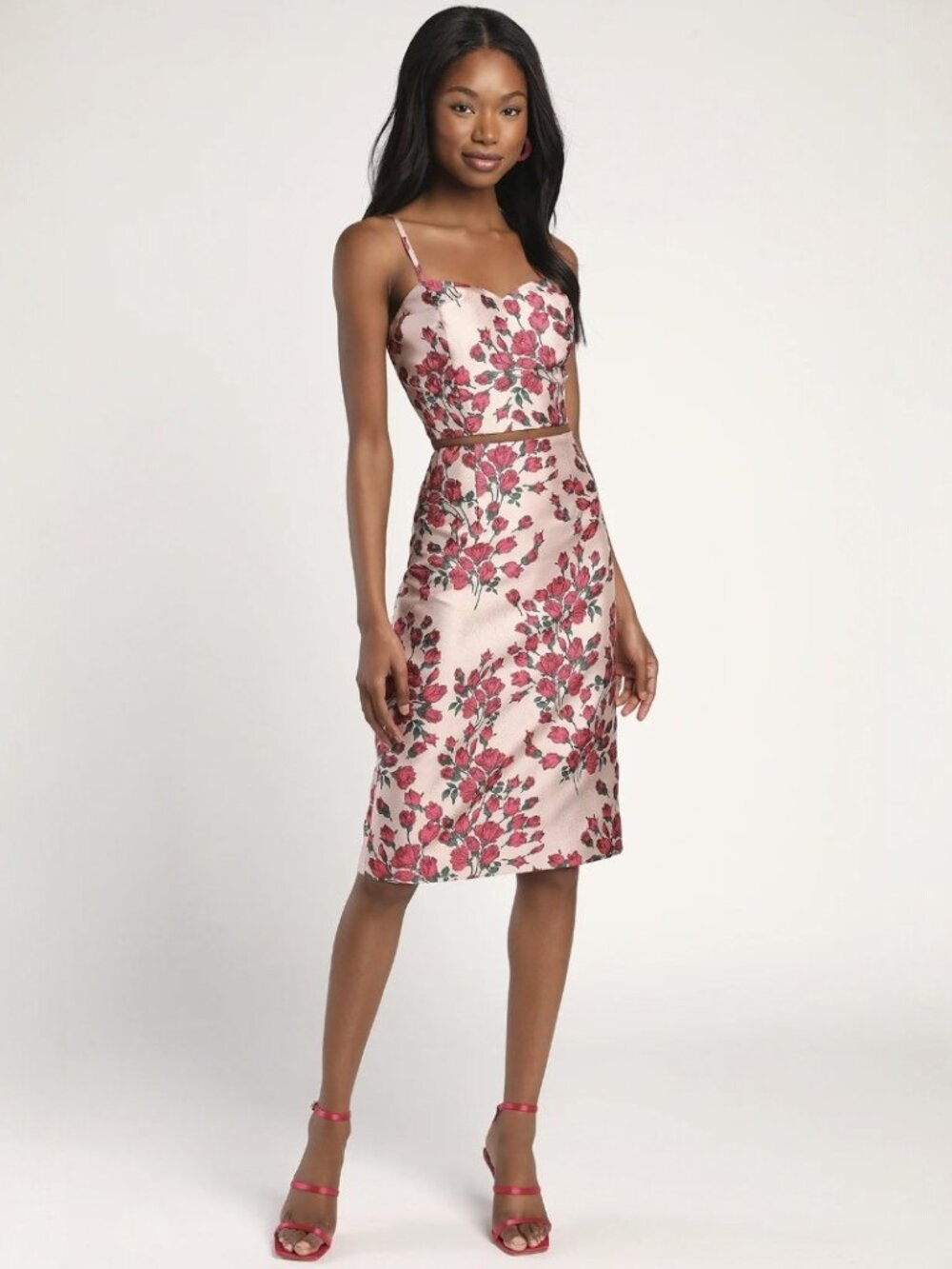 Lulus Field of Roses Blush Floral Jacquard Two-Piece Midi Dress​ NWT